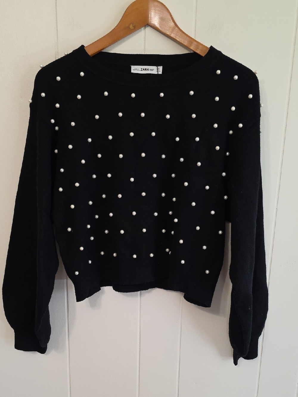 Zara Black Cropped Pearl Balloon Sleeve Sweater Womens S NWT Soft Coquette Core